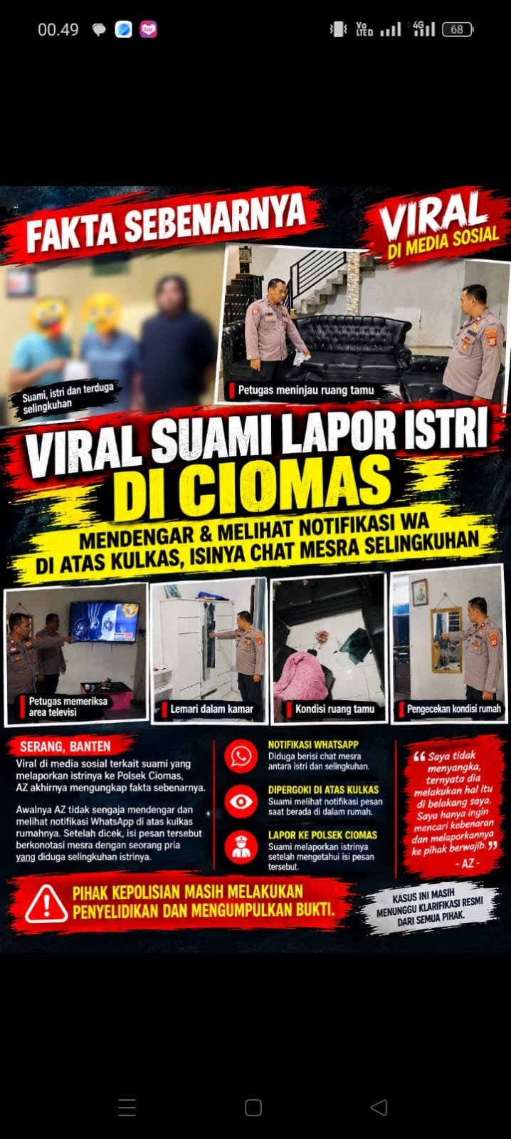 Fakta Sebenarnya Viral Suami Lapor Istri di Ciomas - Pergoki Notifikasi WA Istri di Atas Kulkas Isinya Chat Mesra Selingkuhan